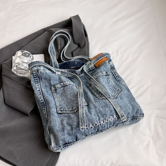 Lettering Washed Denim Tote Bag