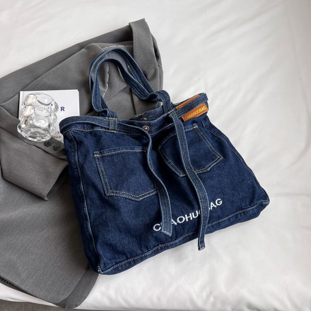 Lettering Washed Denim Tote Bag