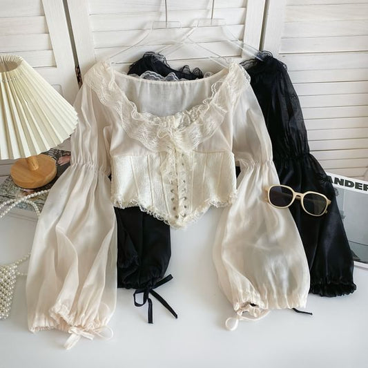 Puff-Sleeve Scoop Neck Lace Ruffle Lace-Up Crop Blouse