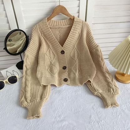 V-Neck Plain Button-Up Cable Knit Cardigan