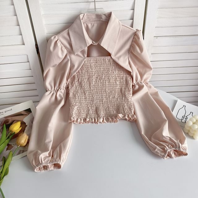 Puff-Sleeve Plain Smocked Shirred Blouse