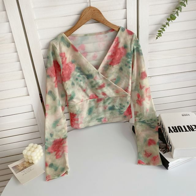 Long-Sleeve V-Neck Floral Print Wrap Mesh Top