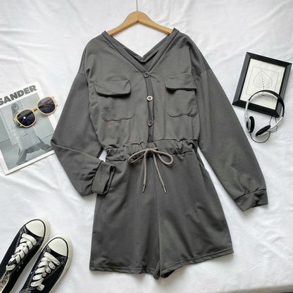 Long-Sleeve V-Neck Plain Button-Up Drawstring Romper