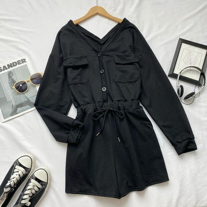 Long-Sleeve V-Neck Plain Button-Up Drawstring Romper