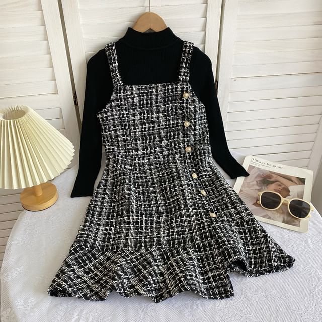 Set: Long-Sleeve High Neck Plain Ribbed Knit Top + Tweed Plaid Mini Dungaree Dress