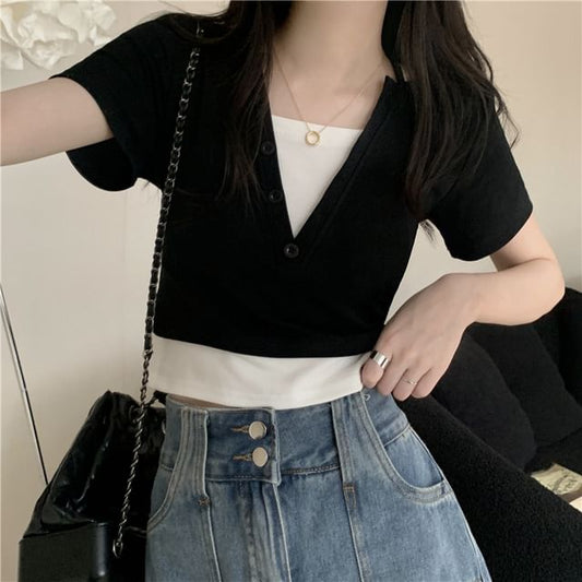 Two-Piece Mock Halter Top Short-Sleeve