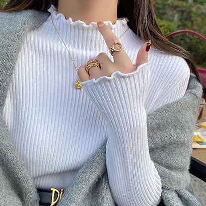 Long-Sleeve Mock Neck Plain Lettuce Edge Ribbed Knit Top