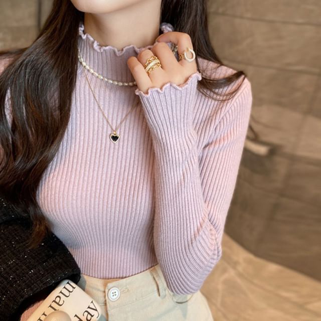 Long-Sleeve Mock Neck Plain Lettuce Edge Ribbed Knit Top