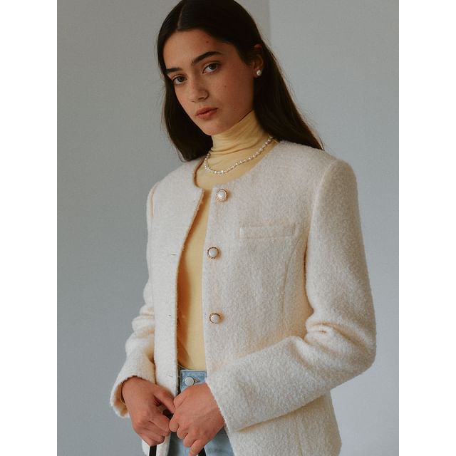 Round-Neck Woolen Button Jacket (Ivory)