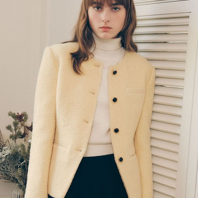 Round-Neck Woolen Button Jacket (Yellow)