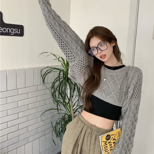 Crewneck Cable Knit Plain Crop Sweater