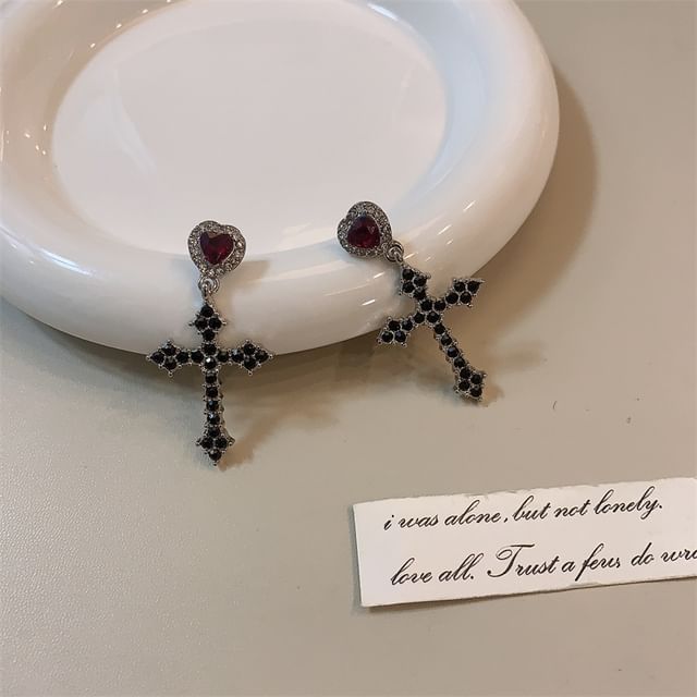 Cross Heart Rhinestone Pendant Layered Alloy Choker / Cross Drop Earring