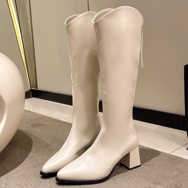 Faux Boots Leather Chunky Heel Pointy Tall