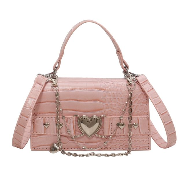 Heart Grain Crossbody Buckled Croc Bag Flap