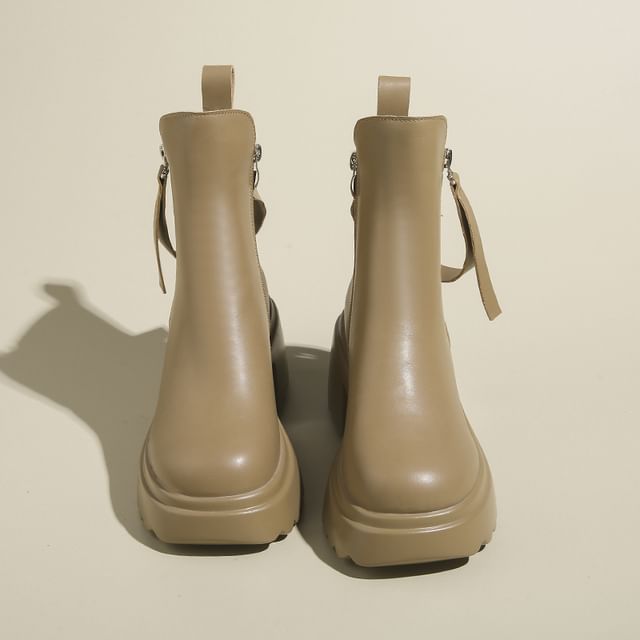Heel Faux Chunky Short Platform Boots Leather