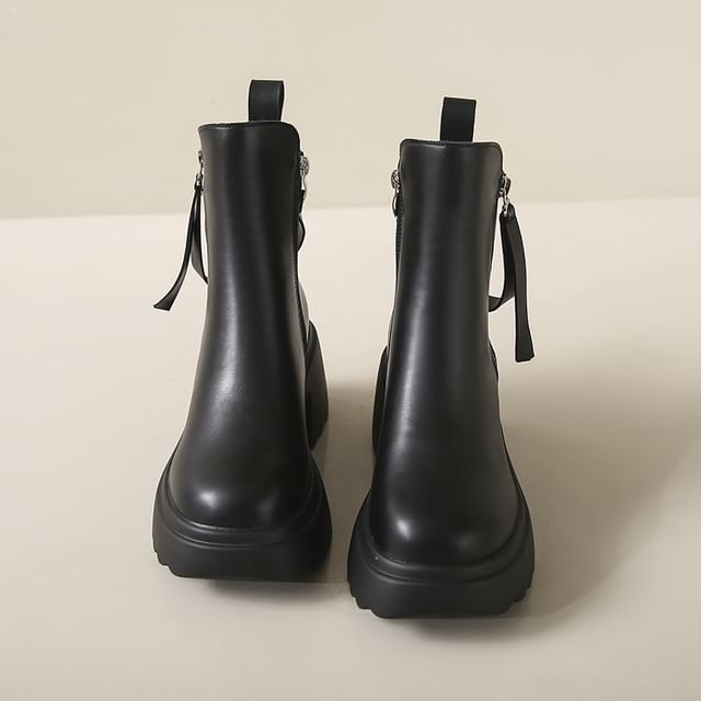 Heel Faux Chunky Short Platform Boots Leather