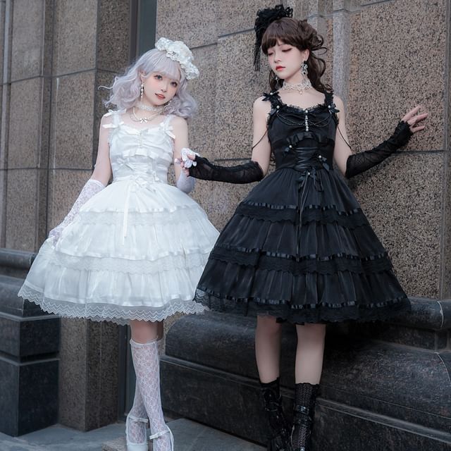 Lolita Spaghetti Strap V-Neck Ruffle Trim  Tiered A-Line Dress / Gloves / Set