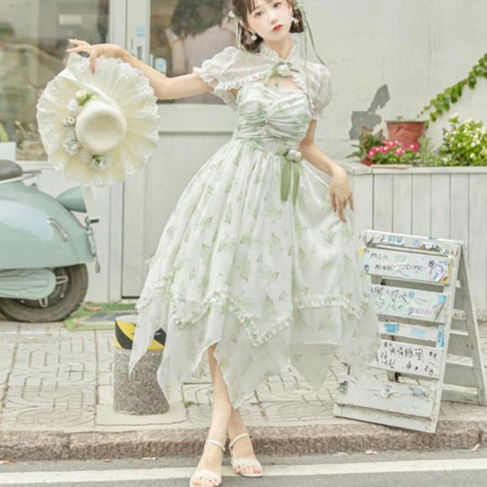 Lolita Spaghetti Strap Floral Print Midi Dress  / Lace Shrug / Set