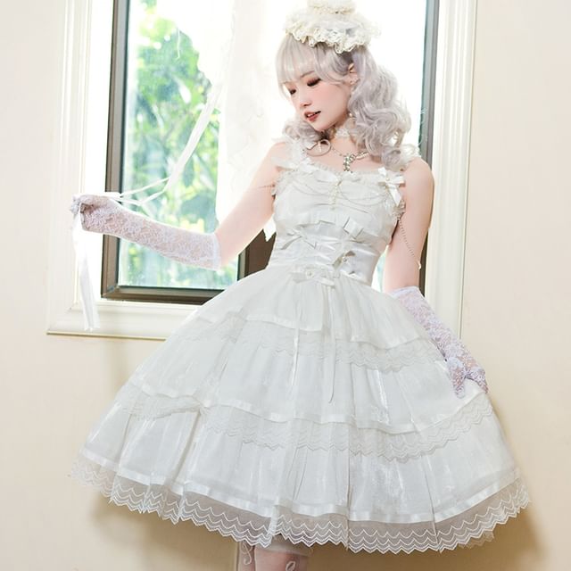 Lolita Spaghetti Strap V-Neck Ruffle Trim  Tiered A-Line Dress / Gloves / Set