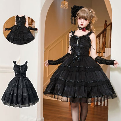 Lolita Spaghetti Strap V-Neck Ruffle Trim  Tiered A-Line Dress / Gloves / Set