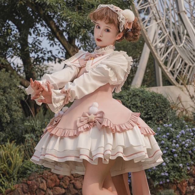 Lolita Long-Sleeve Collared Bow Lace Trim Mini A-Line Dress / Crinoline / Set