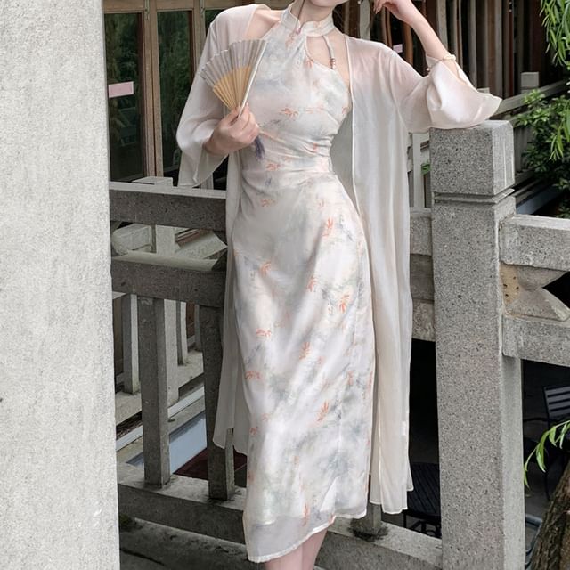 Halter Neck Floral Midi Qipao / Long Light Jacket / Set