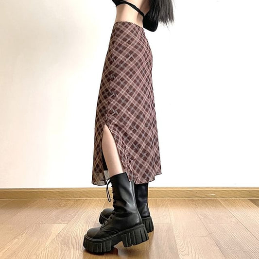 Skirt A-Line Waist Plaid Mid Midi