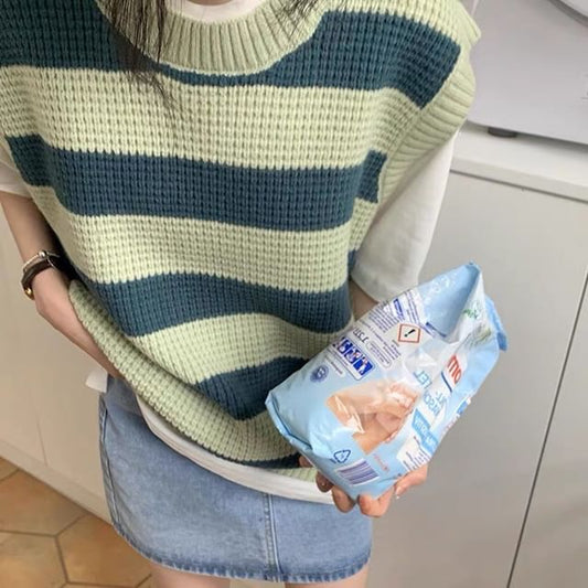 Striped Sleeveless Vest Round Neck Knit