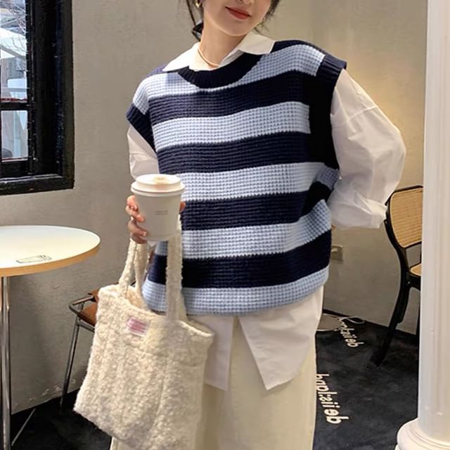 Striped Sleeveless Vest Round Neck Knit