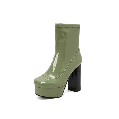 Chunky Heel Square Toe Plain Patent Short Boots