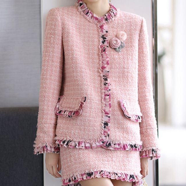Set: Tweed Plaid Floral Printed Ruffle Trim Jacket + High Waist Mini A-Line Skirt