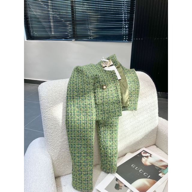 Short-Sleeve Collar Tweed Panel Mini Sheath Dress / Tweed Crop Jacket