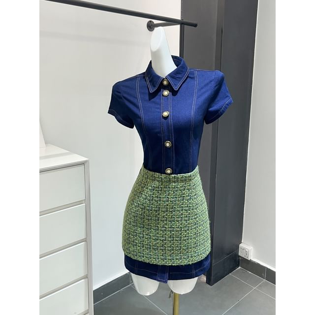 Short-Sleeve Collar Tweed Panel Mini Sheath Dress / Tweed Crop Jacket
