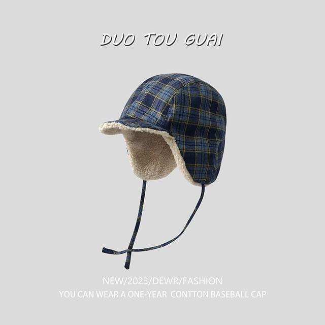 Lined Plaid Hat Trapper Fleece