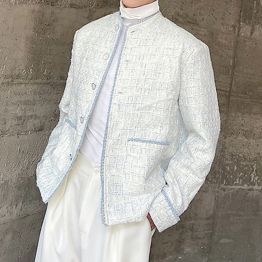 Stand Collar Tweed Contrast Trim Button-Up Jacket