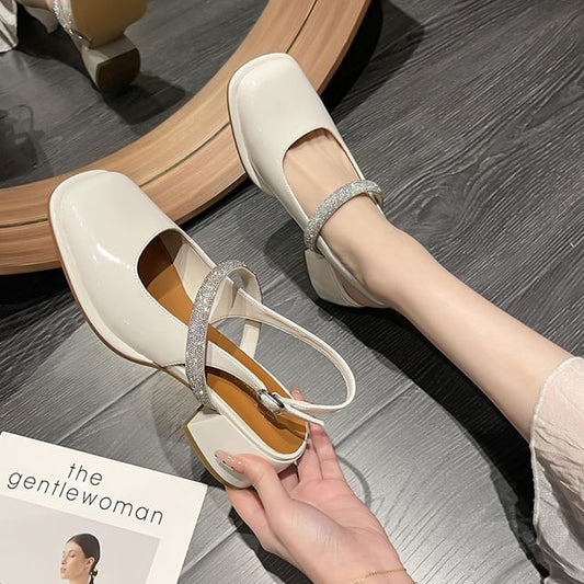 Block Jane Square Rhinestone Slingback Toe Pumps Heel Mary