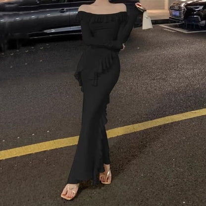 Long-Sleeve Off-Shoulder Plain Ruffle Trim Slit Maxi Sheath Dress