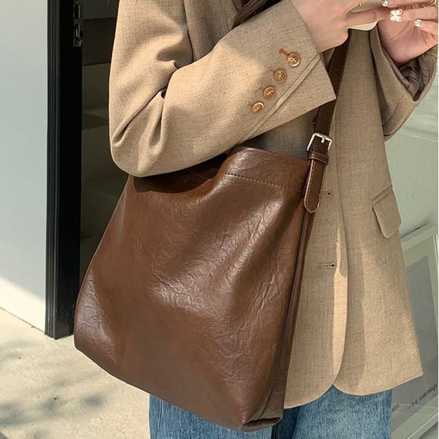 Bucket Faux Plain Leather Crossbody Bag