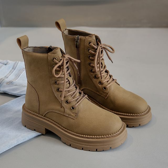 Short Chunky Heel Boots Faux Plain Leather Lace-Up