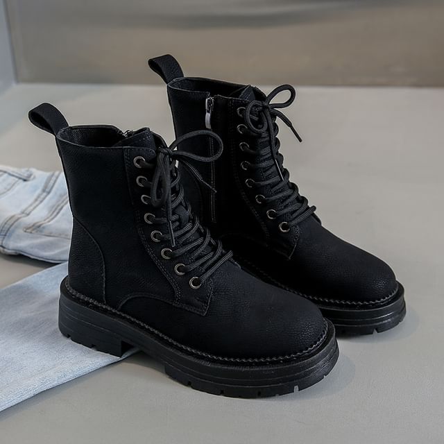 Short Chunky Heel Boots Faux Plain Leather Lace-Up