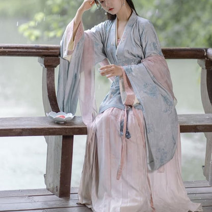 Long-Sleeve V-Neck Floral Embroidered Hanfu Top / Plain Top / High Waist Midi A-Line Skirt / Camisole / Shawl / Waist Skirt / Braid / Set