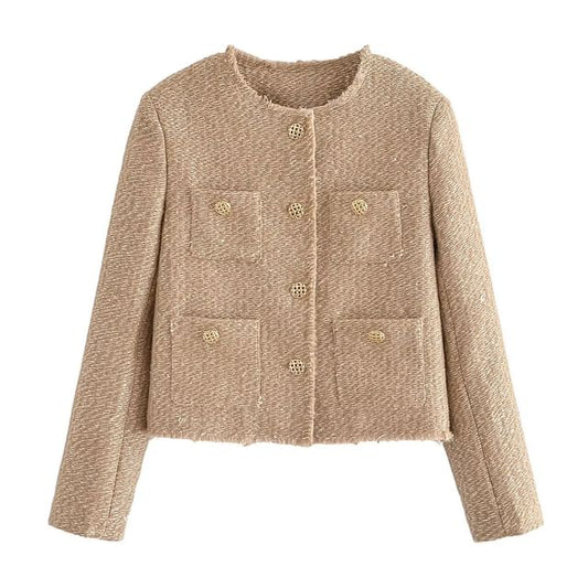 Crew Neck Plain Tweed Frayed Button-Up Jacket