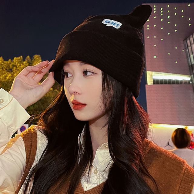 Knit Beanie Ear Embroidered Lettering Cat