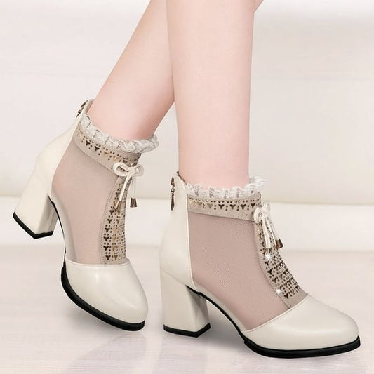 Chunky Trim Boots Lace Ankle Pointed Heel Mesh Panel