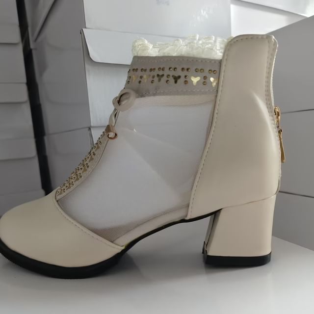 Chunky Trim Boots Lace Ankle Pointed Heel Mesh Panel