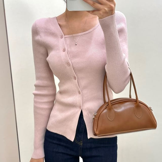 Long-Sleeve Asymmetrical Neckline Button-Up Knit Top