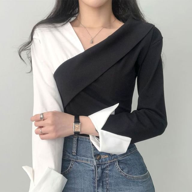 Long-Sleeve V-Neck Two Tone Blouse