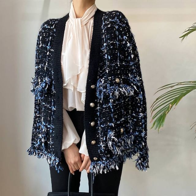 V-Neck Tweed Tasseled Button-Up Cardigan