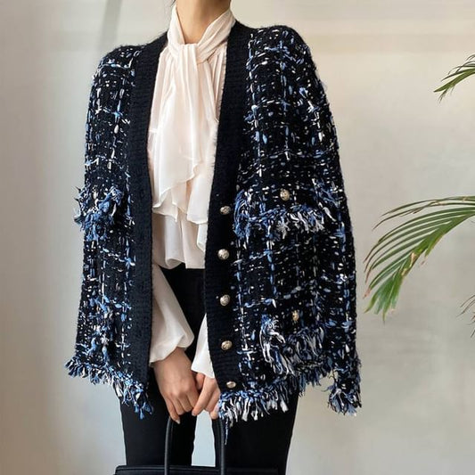 V-Neck Tweed Tasseled Button-Up Cardigan
