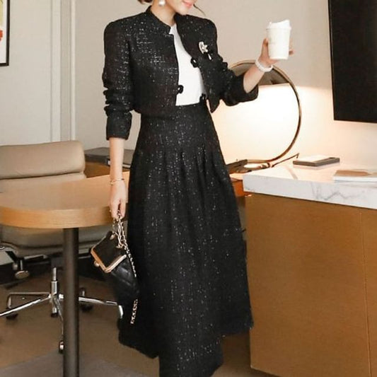 Set: Tweed Sequined Button-Up Jacket + High Waist Midi A-Line Skirt